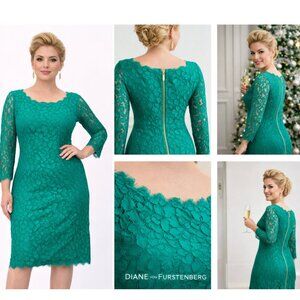 Diane Von Furstenberg Zarita Lace Dress Green Long Sleeve Gold Zipper Size 6